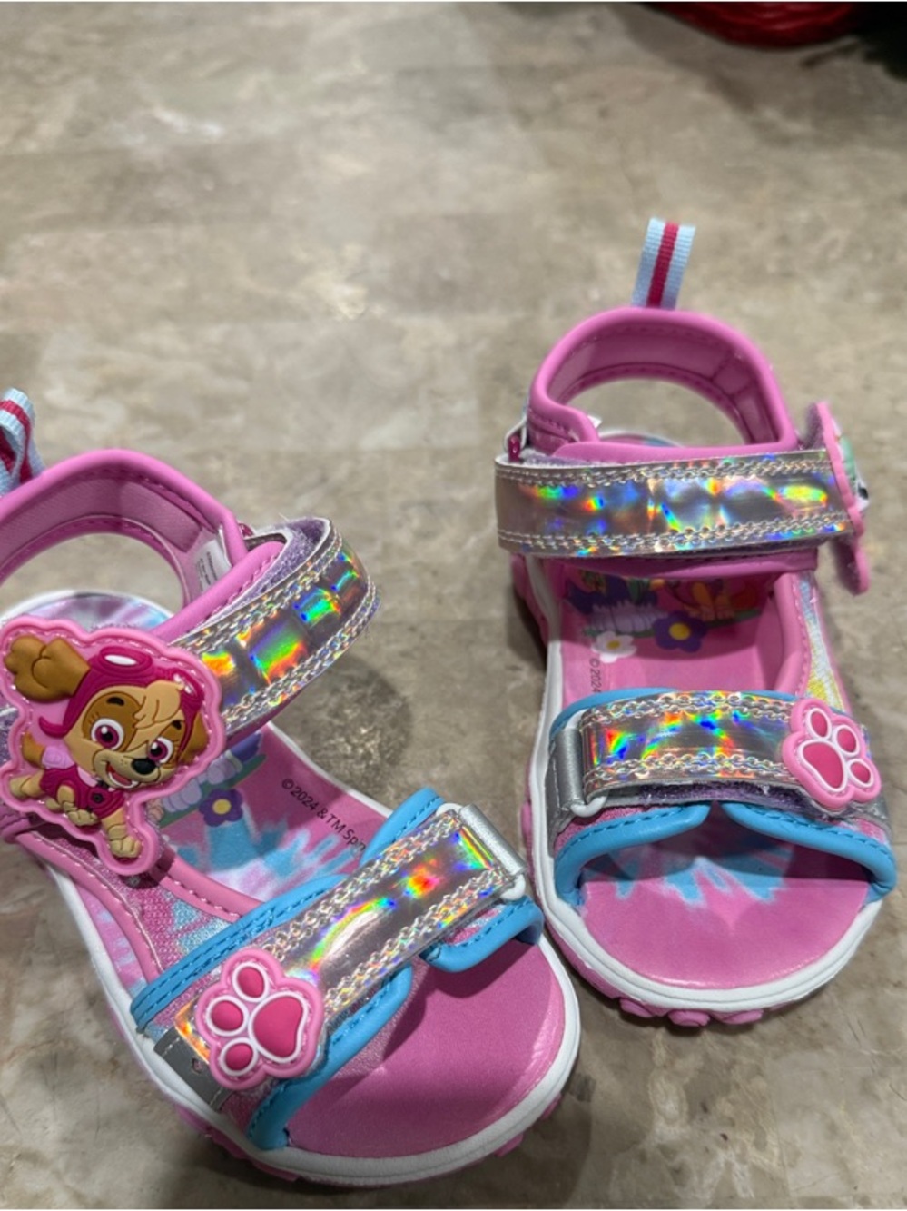 Girls Pink Holographic Cartoon Strap Sandals with Paw Accent